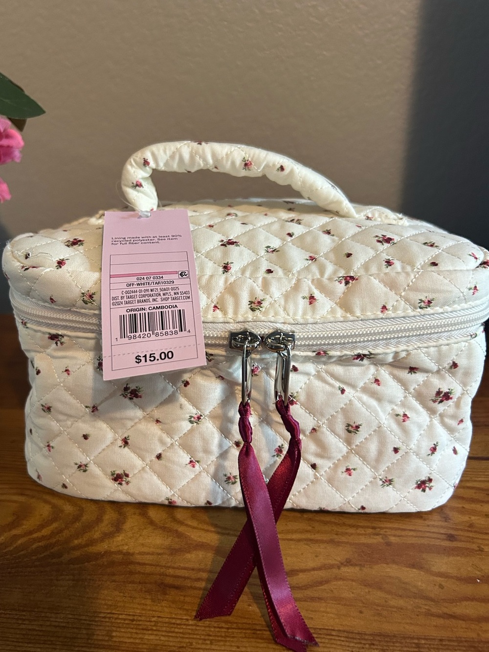 wild fable Quilted Cream Floral Cosmetic Case with Burgundy Ribbon